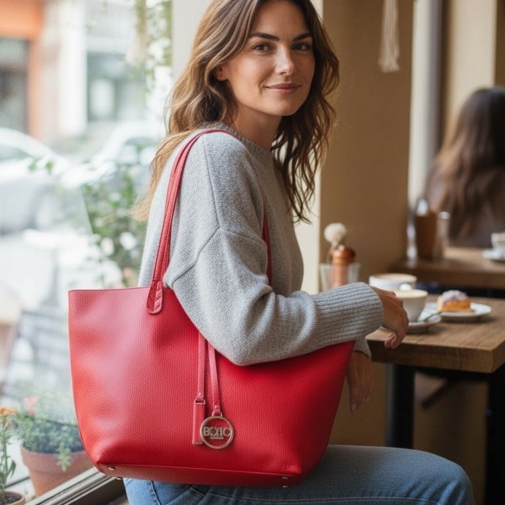 BCBG Paris Reversible Tote Bag Red Faux Leather